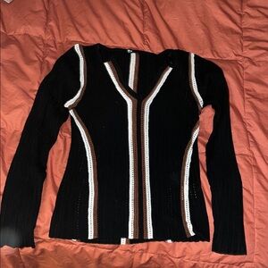 Miss Me Black V-Neck Sweater with White and Brown Stripes